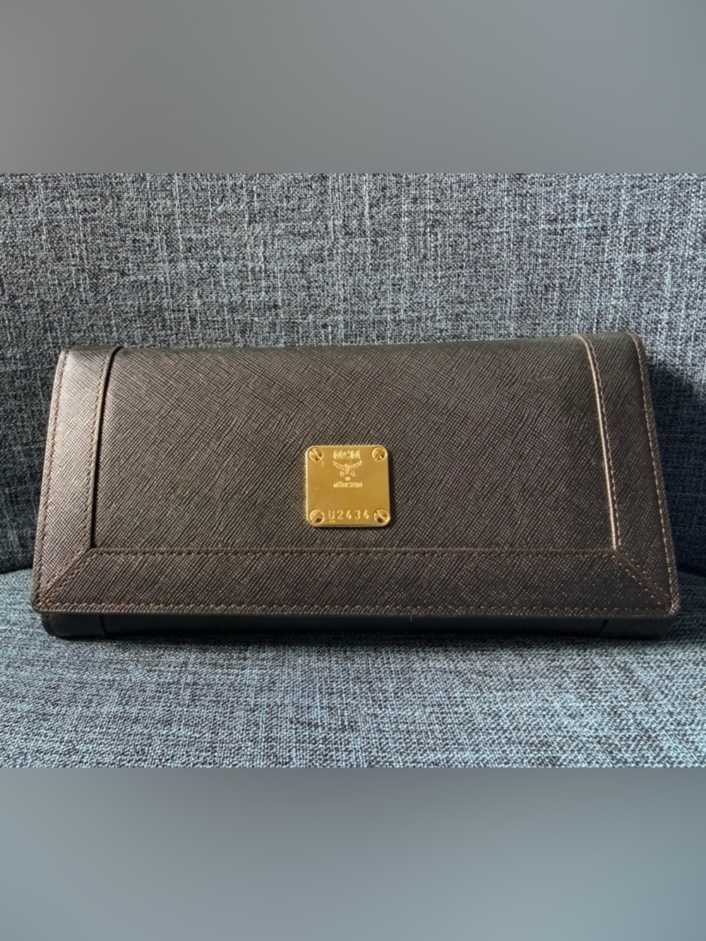 MCM Black Leather Long Wallet with Gold Plaque